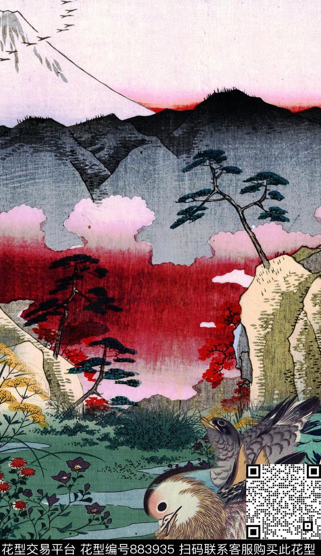 浮世绘花草植物数码印花华亿平台下载（图片编号: 883935） - 瓦栏（Walan）