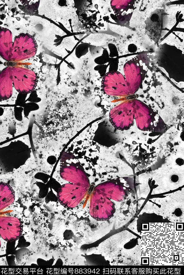 蝴蝶花卉水墨数码印花华亿平台下载（图片编号: 883942） - 瓦栏（Walan）