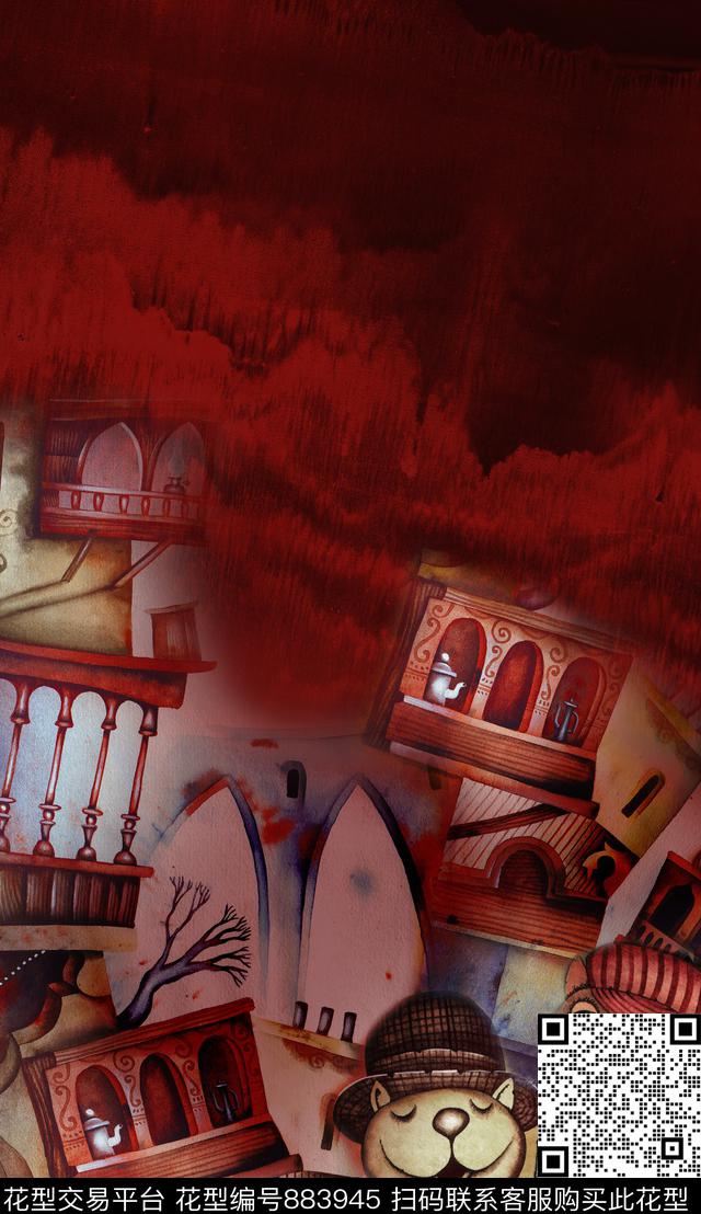 卡通手绘建筑数码印花华亿平台下载（图片编号: 883945） - 瓦栏（Walan）