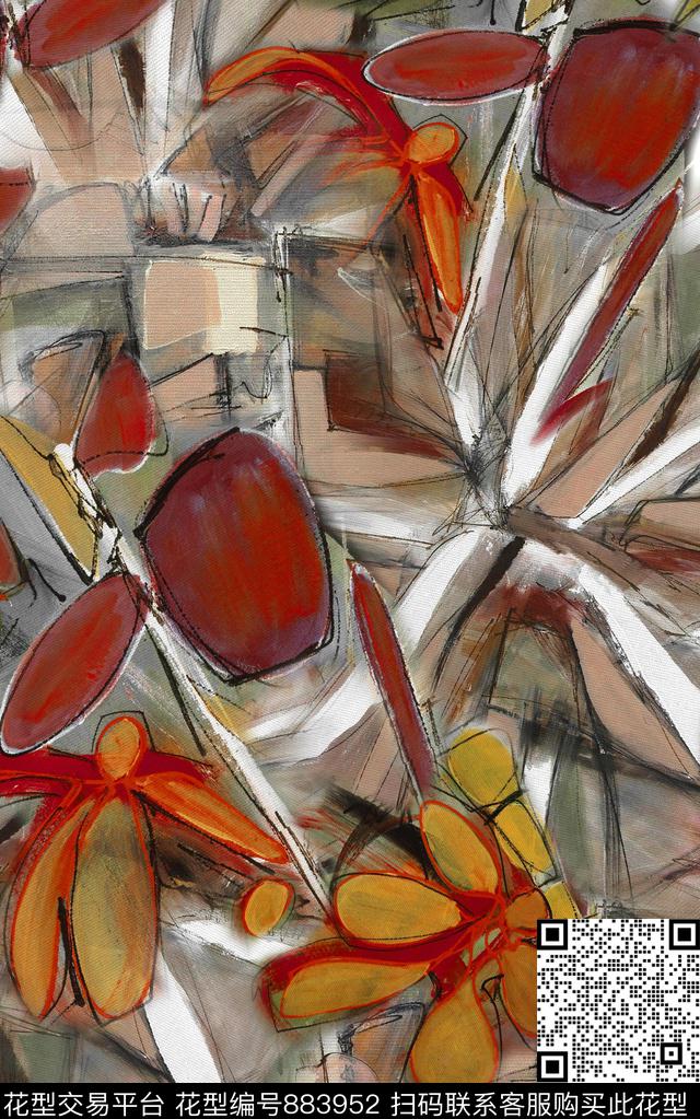 手绘花卉线条花抽象数码印花华亿平台下载（图片编号: 883952） - 瓦栏（Walan）