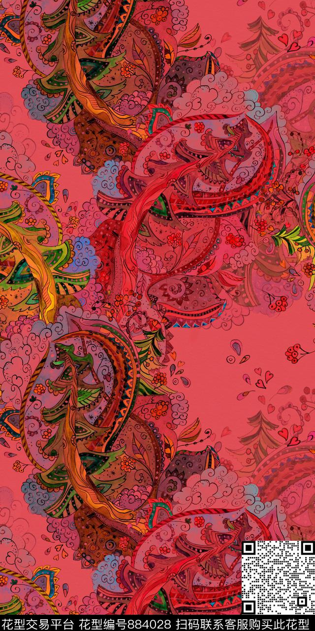 亮色红绿线描数码印花华亿平台下载（图片编号: 884028） - 瓦栏（Walan）