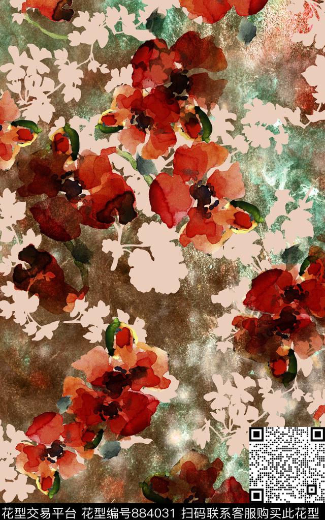 斑驳水彩花卉手绘数码印花华亿平台下载（图片编号: 884031） - 瓦栏（Walan）