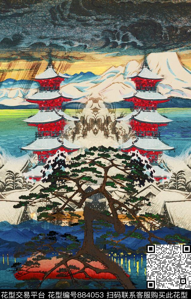 日式树木河流数码印花华亿平台下载（图片编号: 884053） - 瓦栏（Walan）