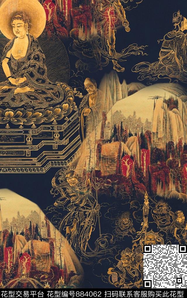 民族风山水画水墨数码印花华亿平台下载（图片编号: 884062） - 瓦栏（Walan）