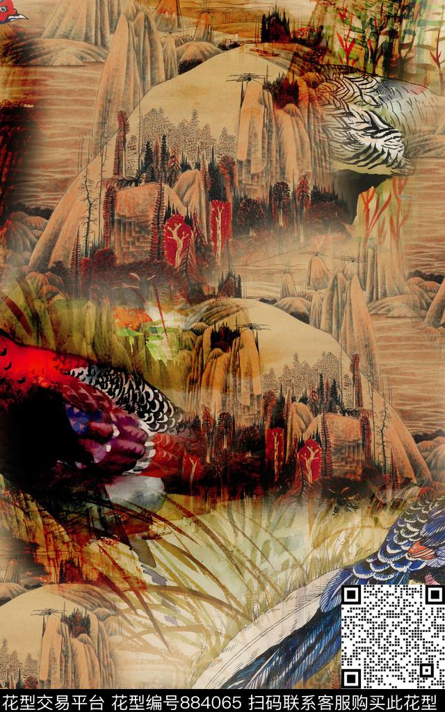 山水画水彩民族风数码印花华亿平台下载（图片编号: 884065） - 瓦栏（Walan）