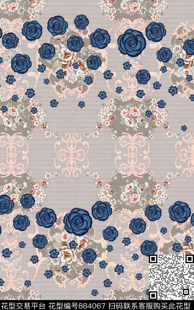 线条画民族风巴洛克数码印花华亿平台下载（图片编号: 884067） - 瓦栏（Walan）