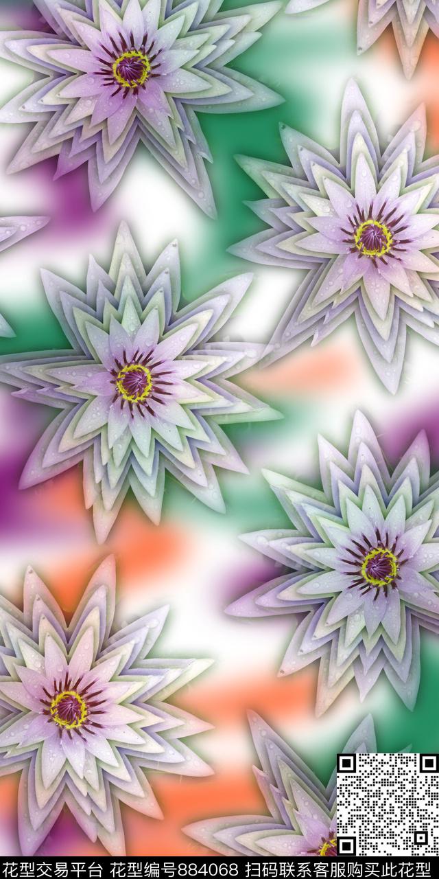 时尚花卉荷花数码印花华亿平台下载（图片编号: 884068） - 瓦栏（Walan）