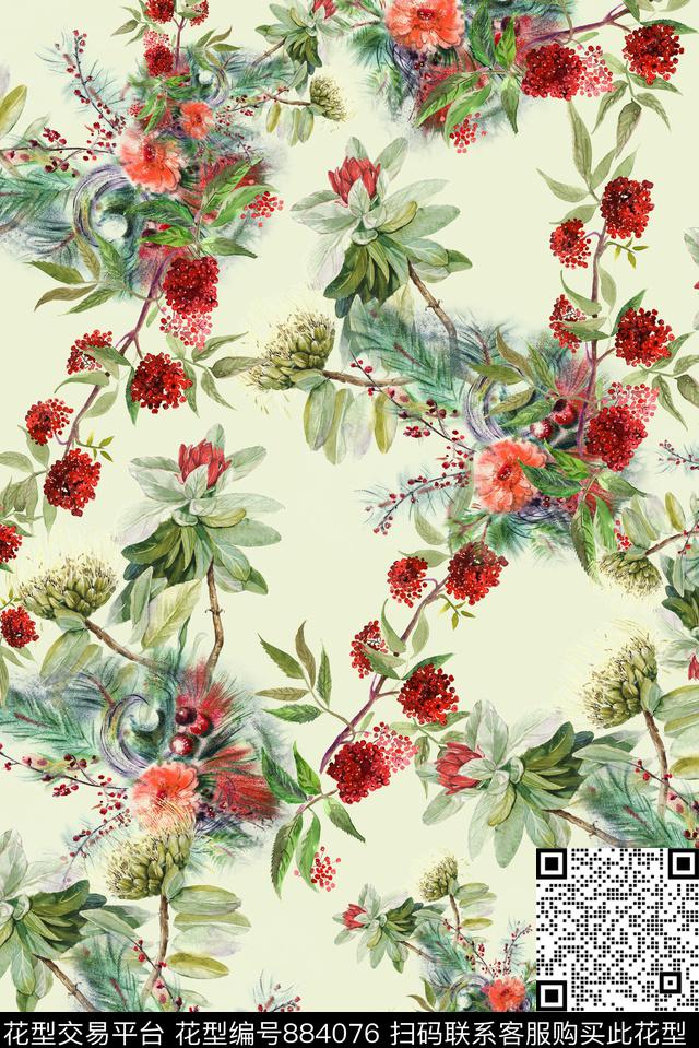 手绘独特花卉数码印花华亿平台下载（图片编号: 884076） - 瓦栏（Walan）