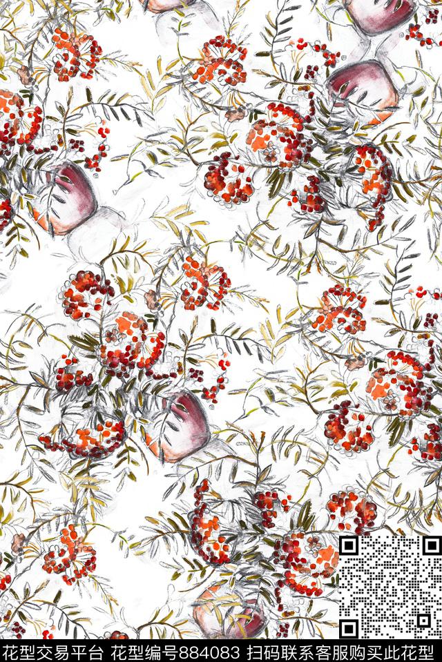 手绘花瓶花卉数码印花华亿平台下载（图片编号: 884083） - 瓦栏（Walan）