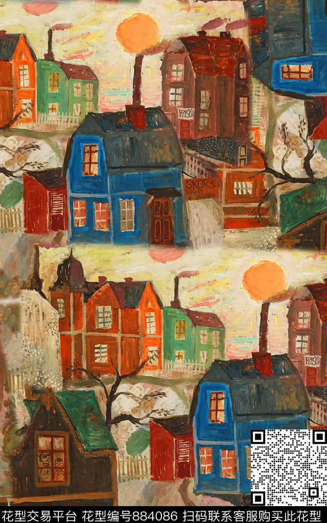 几何油画风肌理数码印花华亿平台下载（图片编号: 884086） - 瓦栏（Walan）