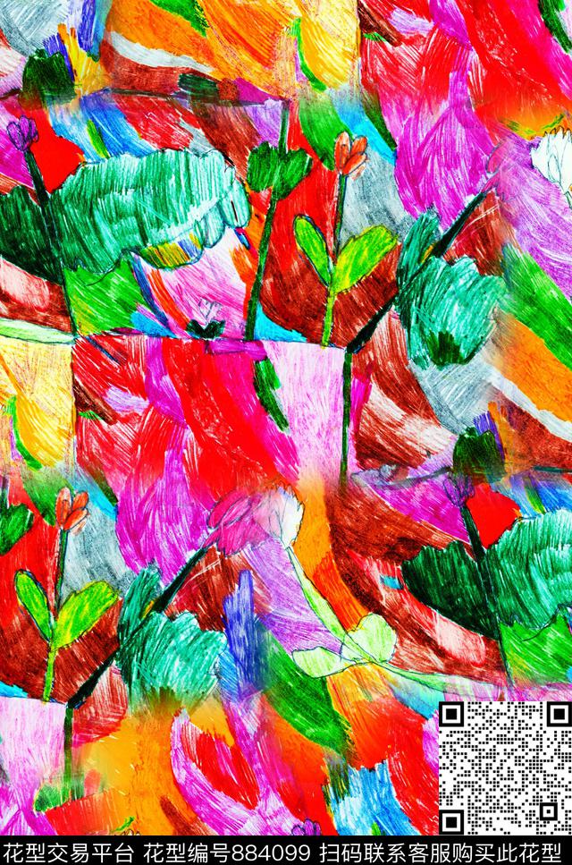 手绘线描花卉数码印花华亿平台下载（图片编号: 884099） - 瓦栏（Walan）