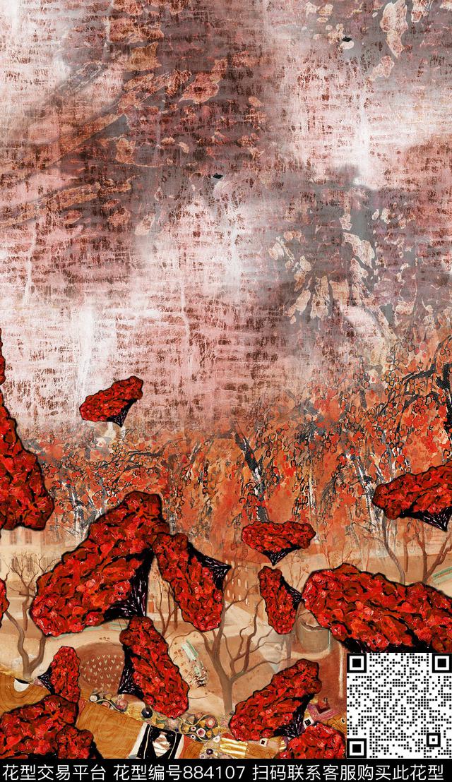 花卉几何油画风数码印花华亿平台下载（图片编号: 884107） - 瓦栏（Walan）