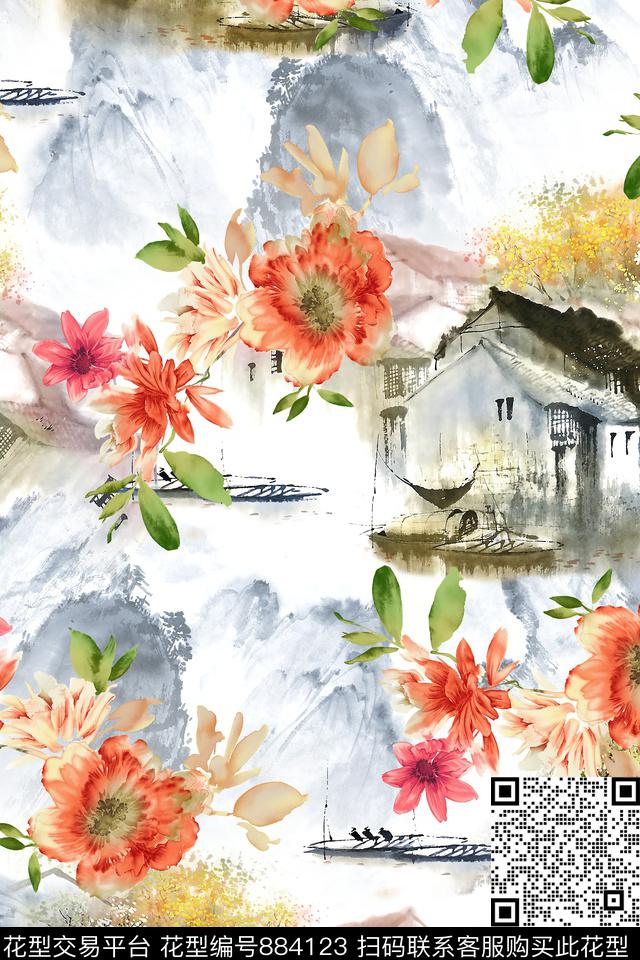 水墨房子水彩花中国风数码印花华亿平台下载（图片编号: 884123） - 瓦栏（Walan）