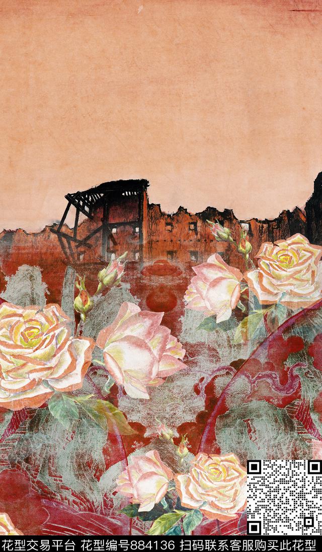 油画风斑驳花卉手绘数码印花华亿平台下载（图片编号: 884136） - 瓦栏（Walan）