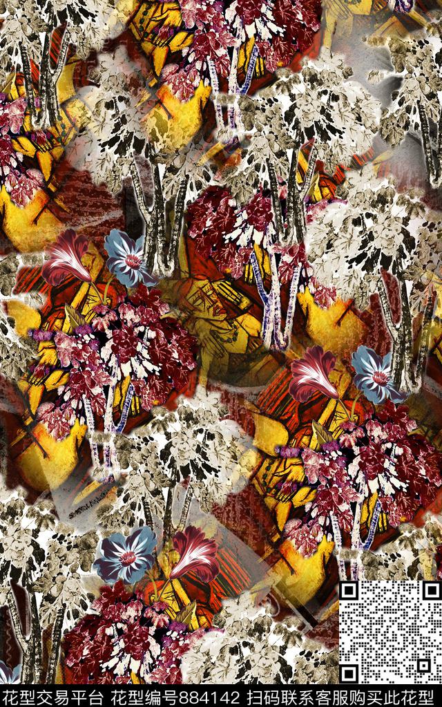 部落油画风肌理数码印花华亿平台下载（图片编号: 884142） - 瓦栏（Walan）