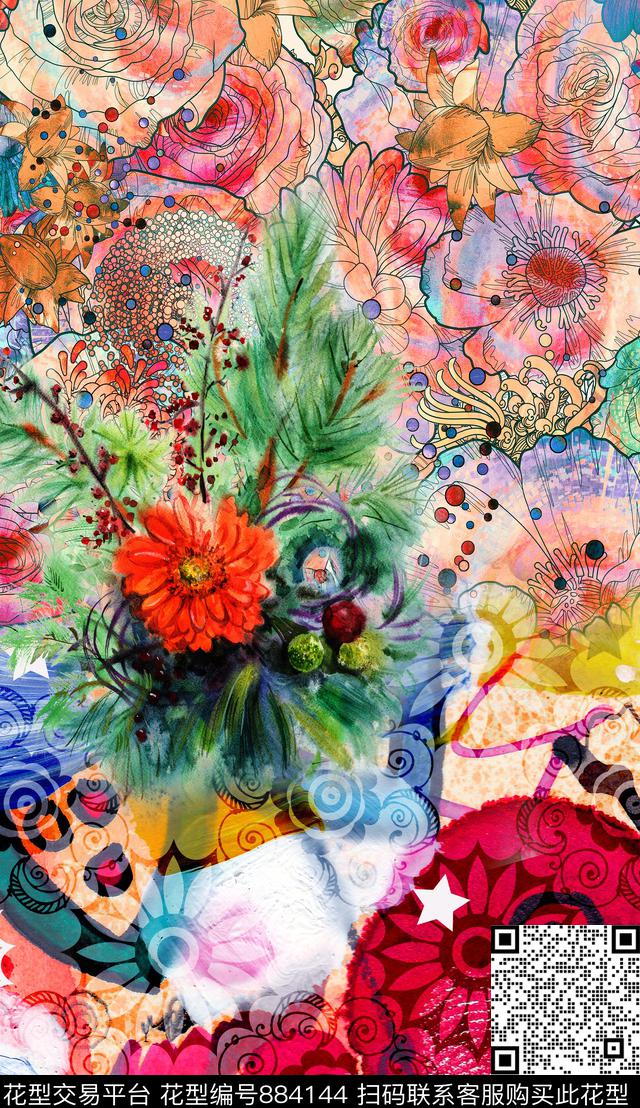 雪纺线描水彩数码印花华亿平台下载（图片编号: 884144） - 瓦栏（Walan）