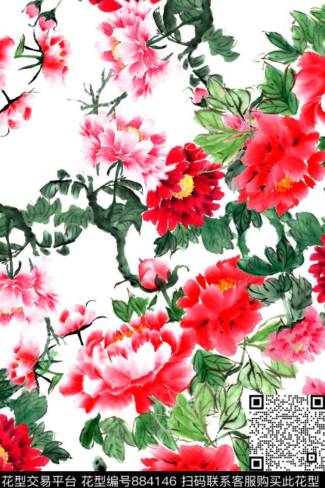 艳丽中国风牡丹数码印花华亿平台下载（图片编号: 884146） - 瓦栏（Walan）
