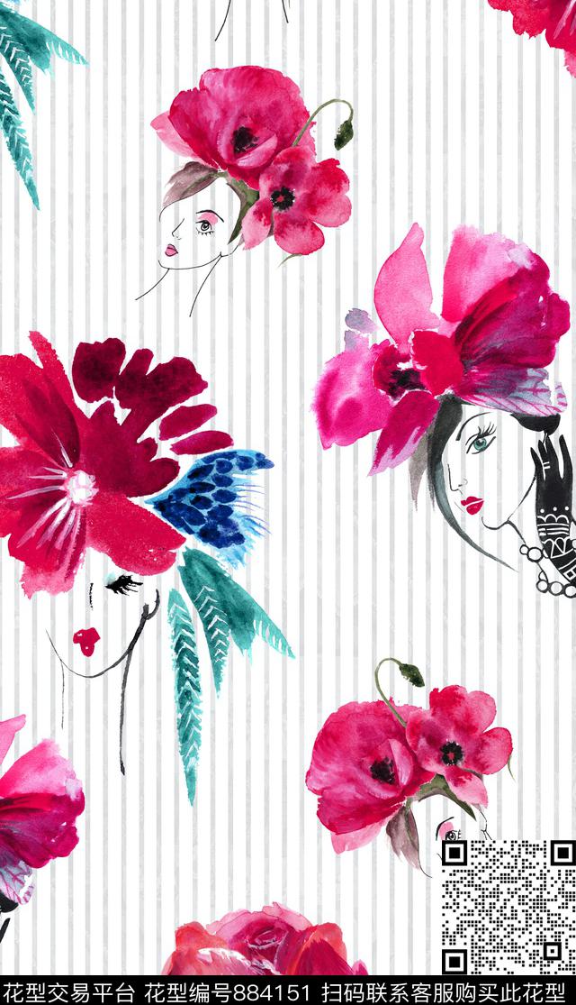 罂粟花女孩线描数码印花华亿平台下载（图片编号: 884151） - 瓦栏（Walan）