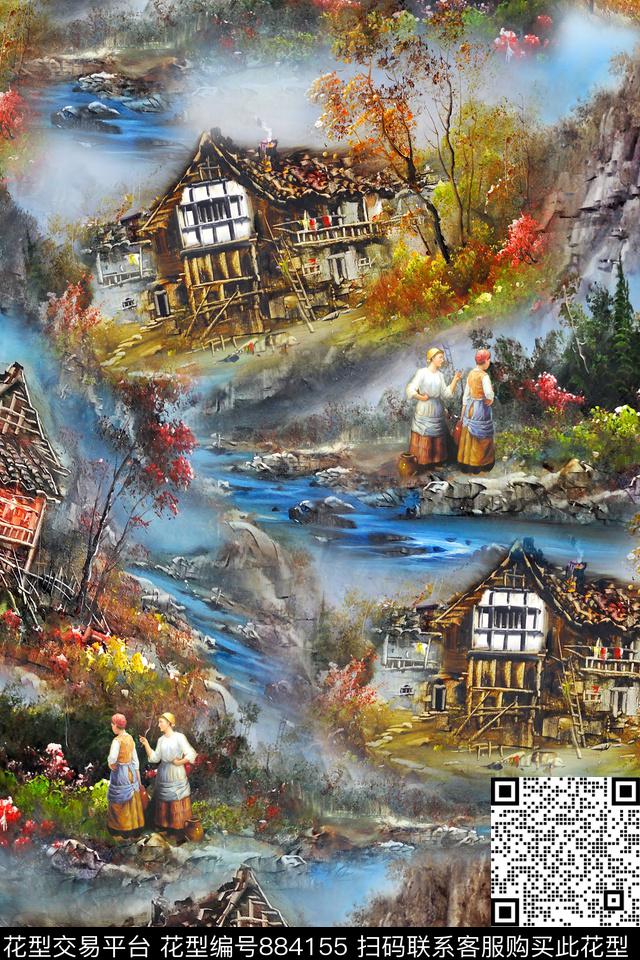 油画山水风景房子数码印花华亿平台下载（图片编号: 884155） - 瓦栏（Walan）