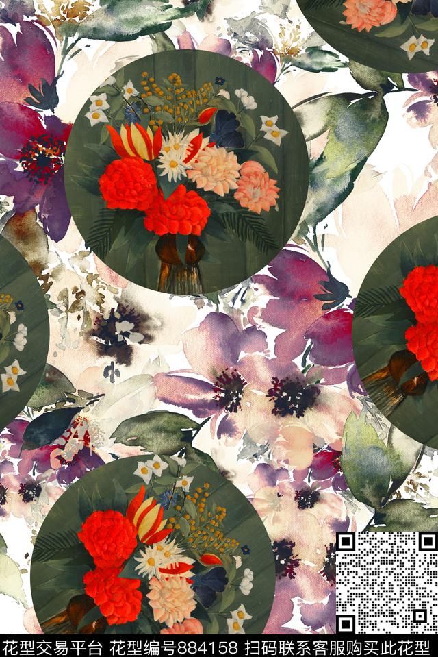 圆盘植物花卉数码印花华亿平台下载（图片编号: 884158） - 瓦栏（Walan）