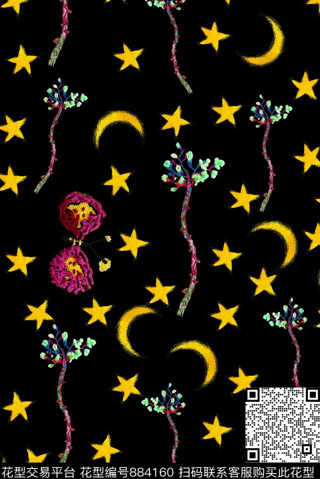 月亮小碎花星星数码印花华亿平台下载（图片编号: 884160） - 瓦栏（Walan）