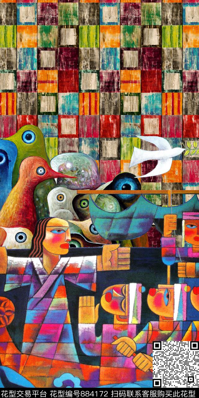 民族风几何格子数码印花华亿平台下载（图片编号: 884172） - 瓦栏（Walan）