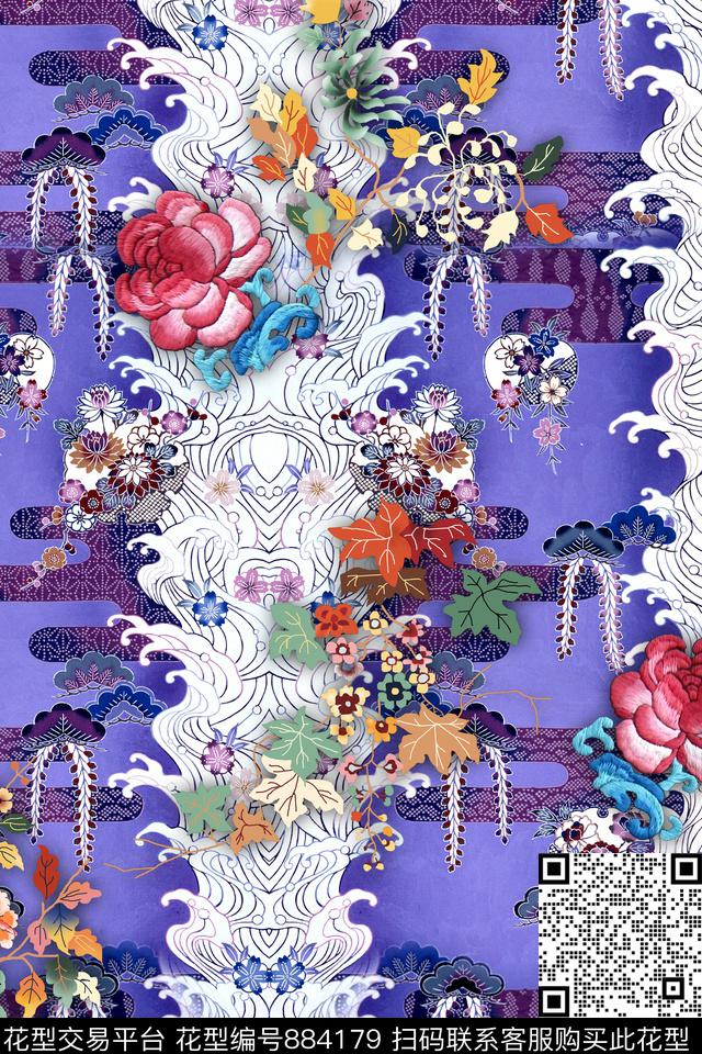 中国风花卉条纹数码印花华亿平台下载（图片编号: 884179） - 瓦栏（Walan）