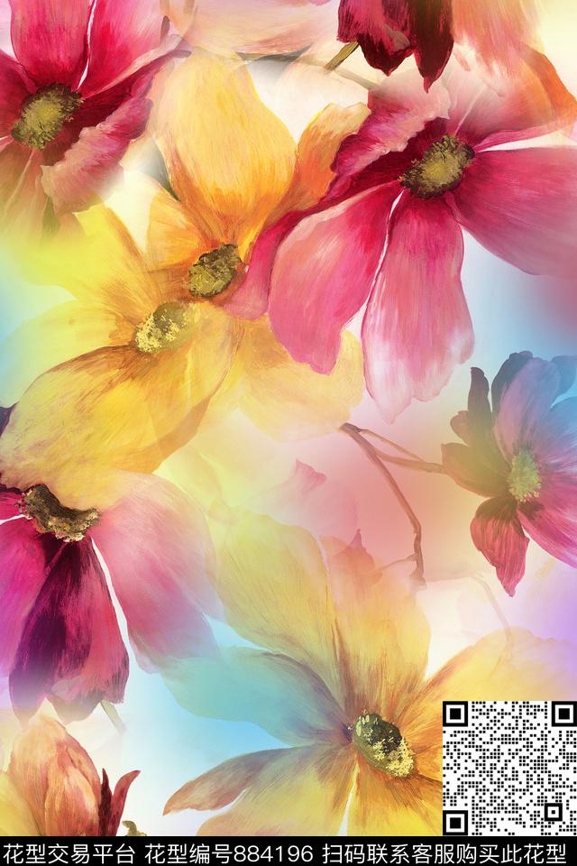 时尚手绘水彩数码印花华亿平台下载（图片编号: 884196） - 瓦栏（Walan）