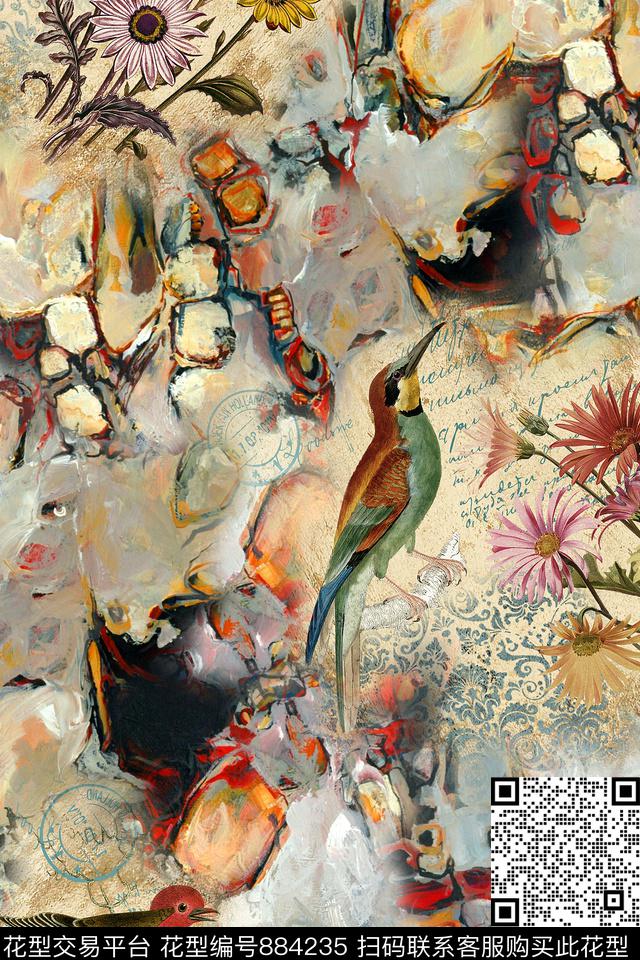 抽象肌理油画数码印花华亿平台下载（图片编号: 884235） - 瓦栏（Walan）