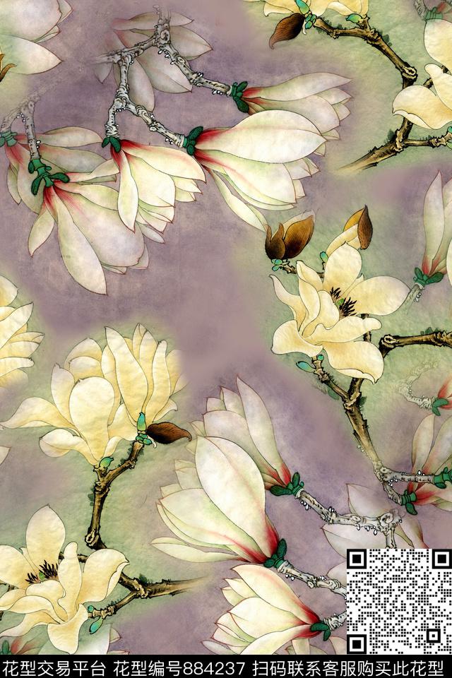 中国风花卉玉兰数码印花华亿平台下载（图片编号: 884237） - 瓦栏（Walan）