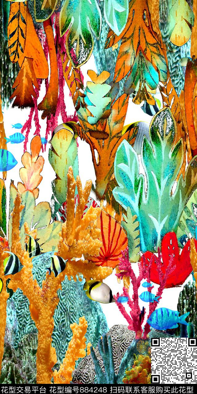 海底花纹植物数码印花华亿平台下载（图片编号: 884248） - 瓦栏（Walan）