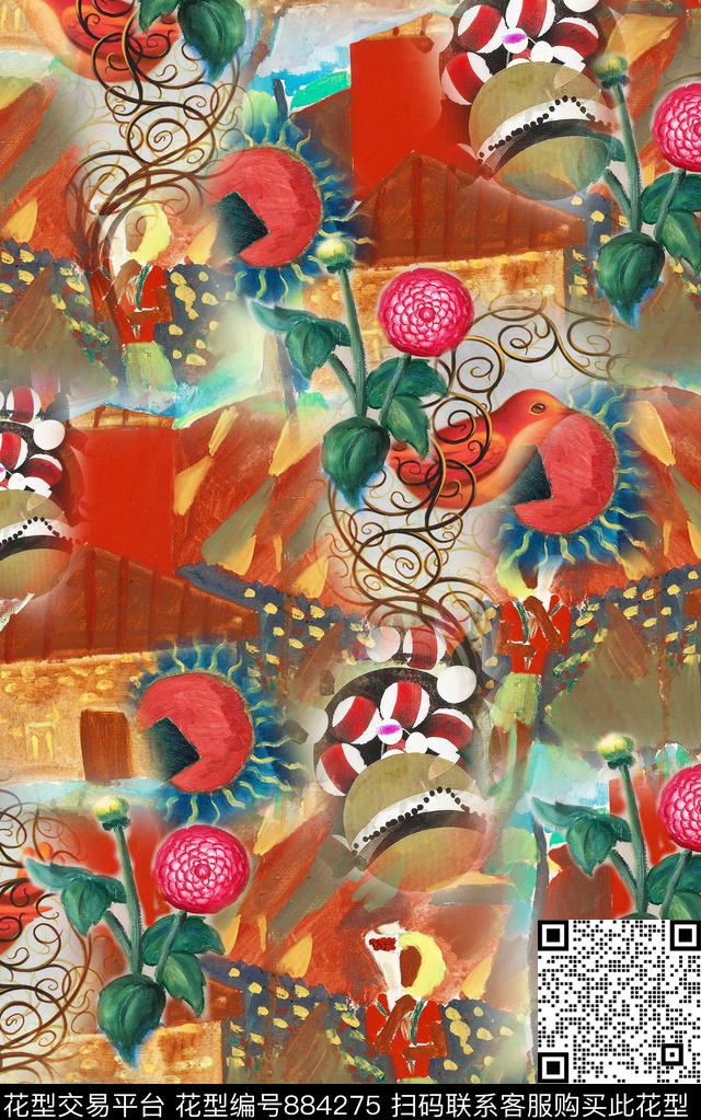 民族风油画风花卉数码印花华亿平台下载（图片编号: 884275） - 瓦栏（Walan）