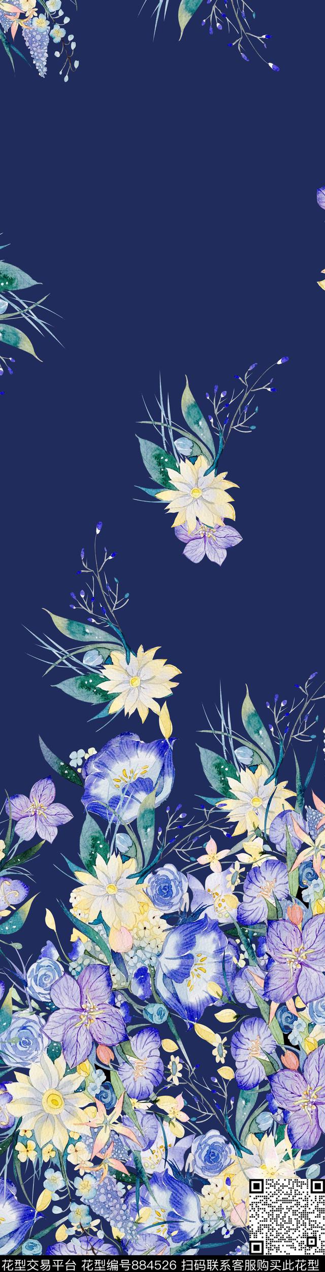流行花朵手绘写实花卉数码印花华亿平台下载（图片编号: 884526） - 瓦栏（Walan）
