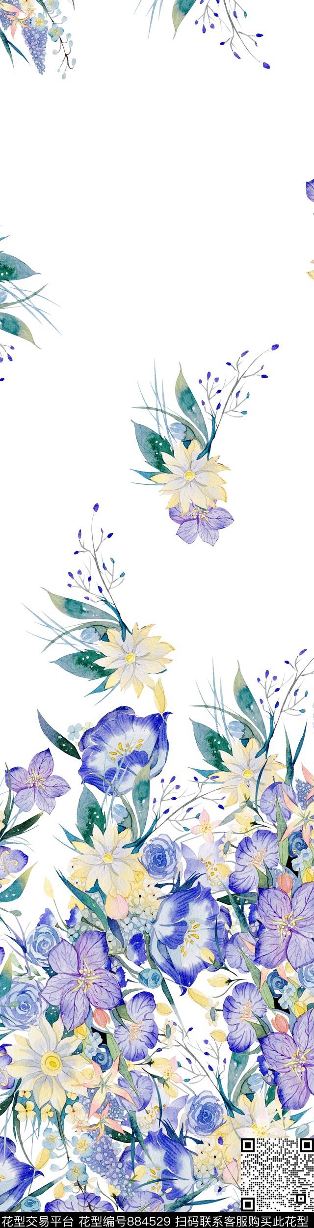 流行花朵手绘写实花卉数码印花华亿平台下载（图片编号: 884529） - 瓦栏（Walan）