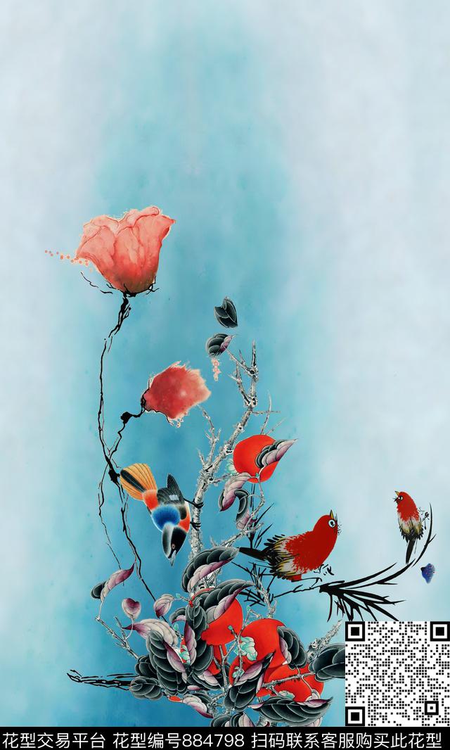 国画鸟桃子数码印花华亿平台下载（图片编号: 884798） - 瓦栏（Walan）