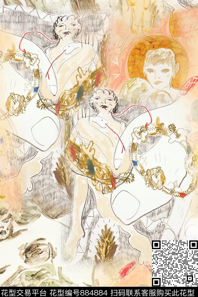 涂鸦人物彩绘数码印花华亿平台下载（图片编号: 884884） - 瓦栏（Walan）