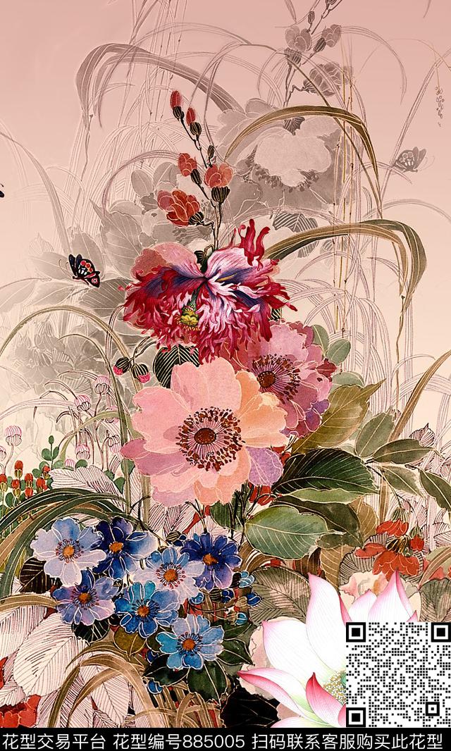 定位花手绘花卉花草数码印花华亿平台下载（图片编号: 885005） - 瓦栏（Walan）