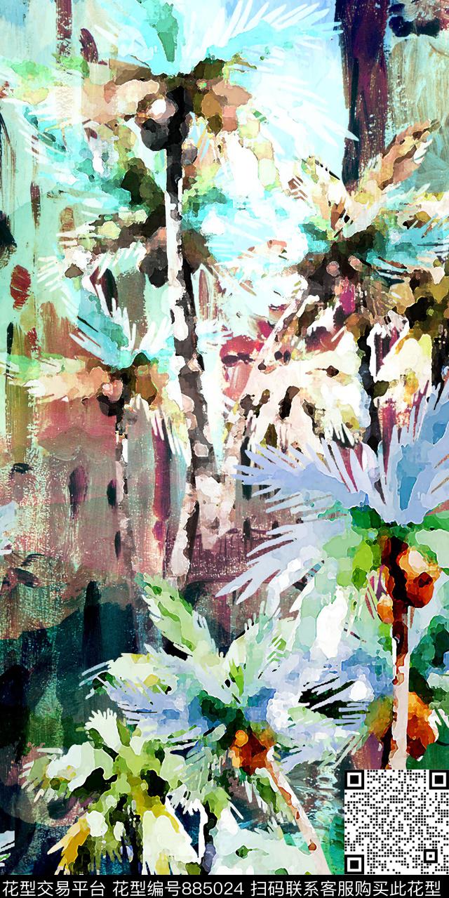 油画建筑热带植物数码印花华亿平台下载（图片编号: 885024） - 瓦栏（Walan）
