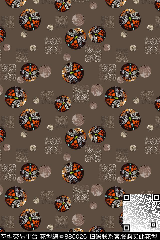 圆圈与波点手绘意向图案蜻蜓传统印花华亿平台下载（图片编号: 885026） - 瓦栏（Walan）