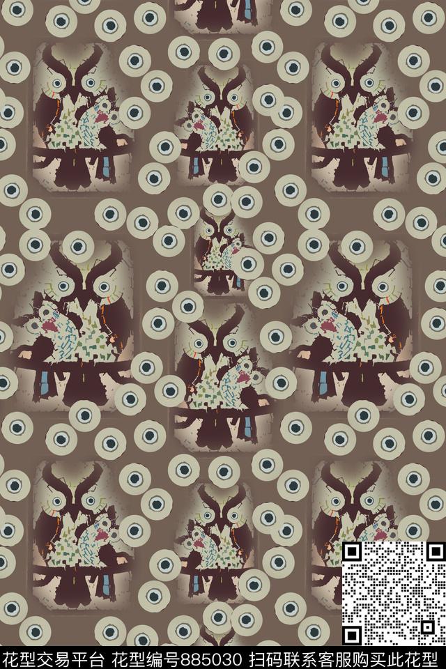 卡通婴童图案猫头鹰圆圈与波点数码印花华亿平台下载（图片编号: 885030） - 瓦栏（Walan）