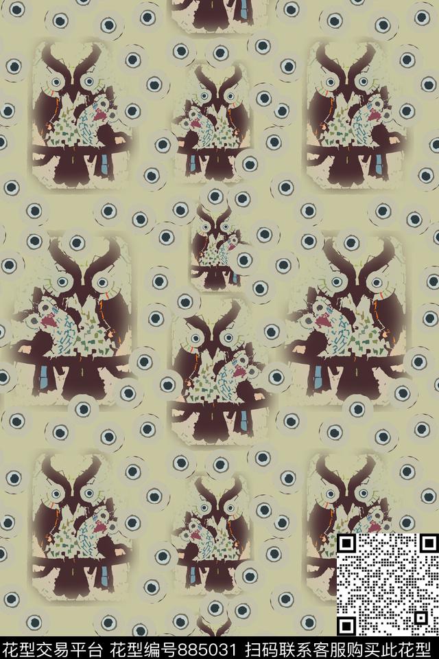 卡通婴童图案猫头鹰圆圈与波点数码印花华亿平台下载（图片编号: 885031） - 瓦栏（Walan）