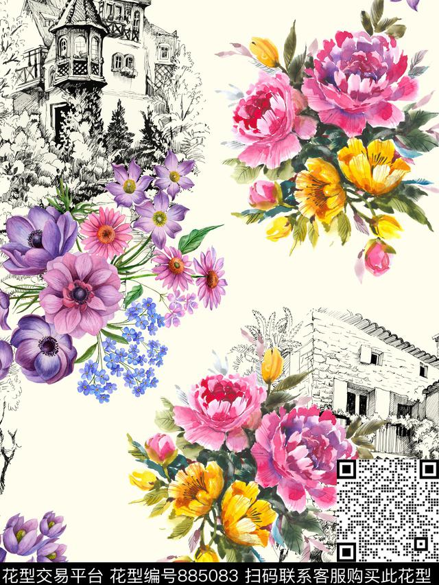 花卉建筑平底数码印花华亿平台下载（图片编号: 885083） - 瓦栏（Walan）