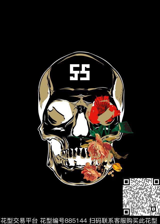 骷髅花卉年轻时尚创意传统印花华亿平台下载（图片编号: 885144） - 瓦栏（Walan）