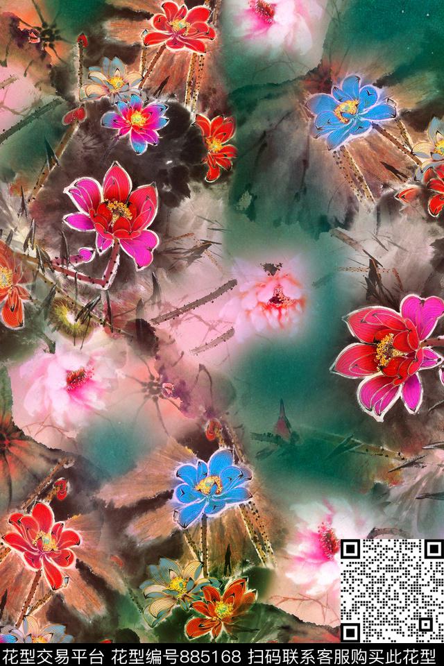 花卉牡丹中国风数码印花华亿平台下载（图片编号: 885168） - 瓦栏（Walan）