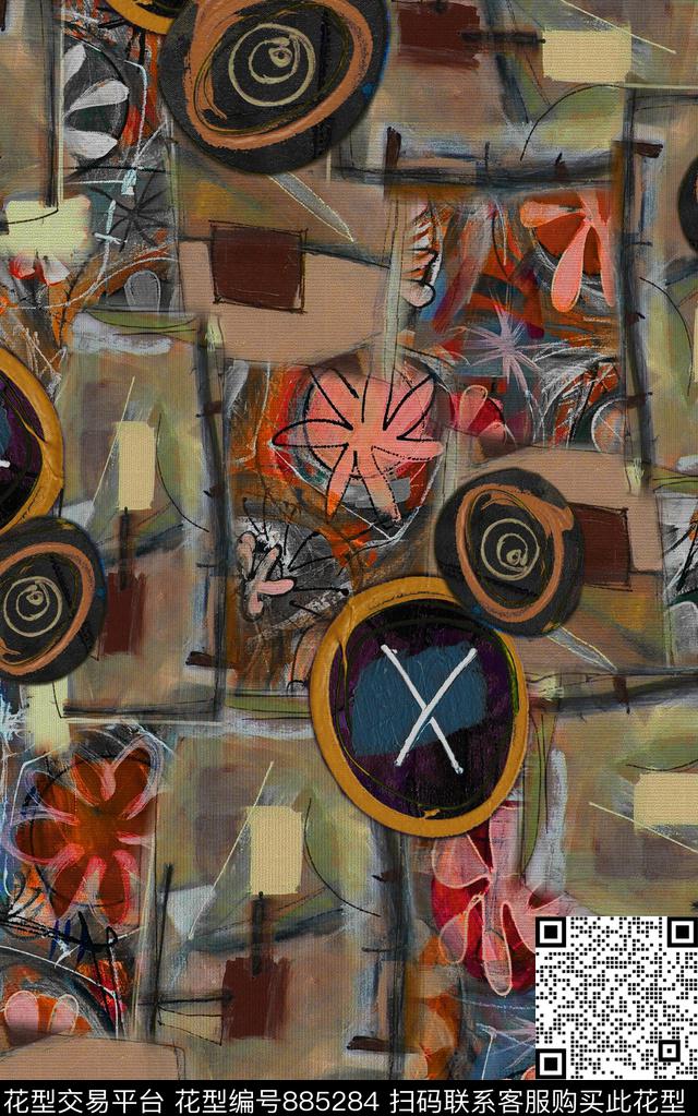 部落民族风油画风数码印花华亿平台下载（图片编号: 885284） - 瓦栏（Walan）