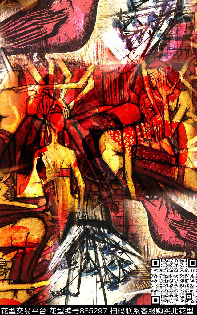 部落民族风油画风数码印花华亿平台下载（图片编号: 885297） - 瓦栏（Walan）