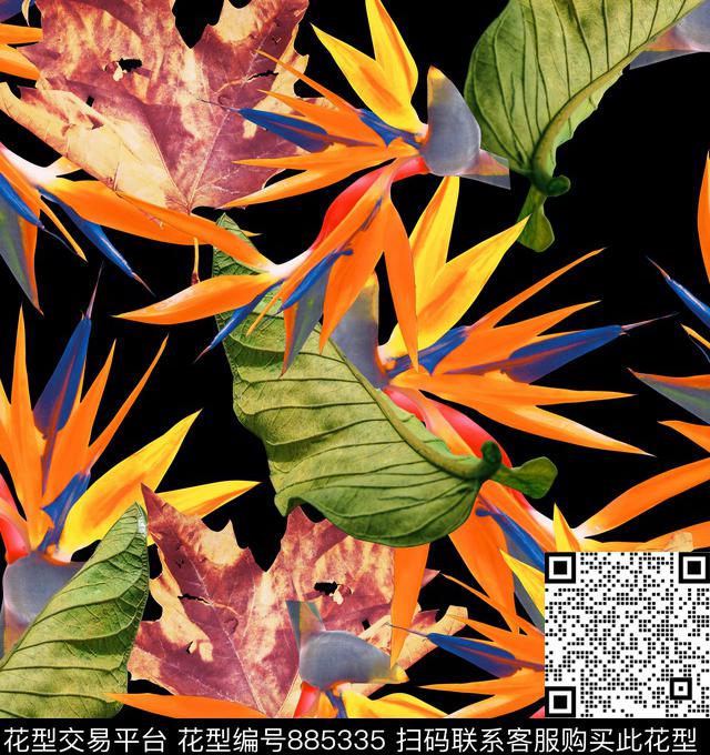 花卉热带叶子数码印花华亿平台下载（图片编号: 885335） - 瓦栏（Walan）