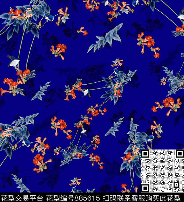 手绘花小花花鸟数码印花华亿平台下载（图片编号: 885615） - 瓦栏（Walan）