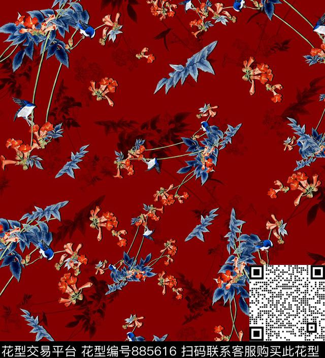 手绘花小花花鸟数码印花华亿平台下载（图片编号: 885616） - 瓦栏（Walan）