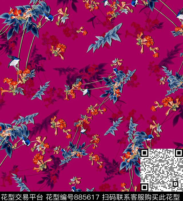 手绘花小花花鸟数码印花华亿平台下载（图片编号: 885617） - 瓦栏（Walan）
